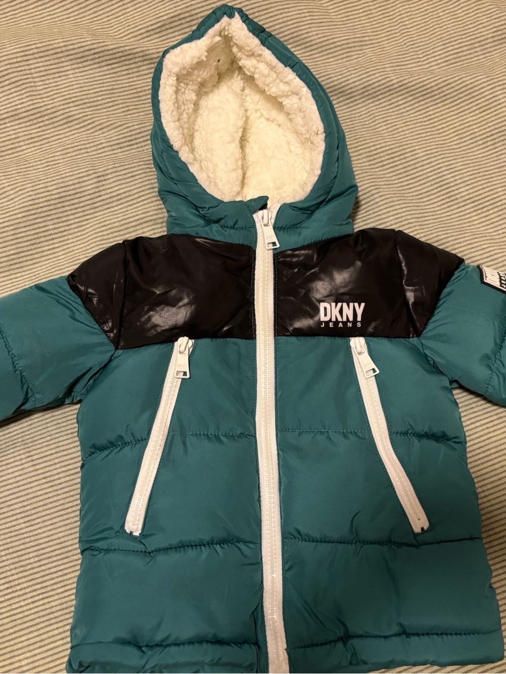 DKNY Teal and Black Hooded Kids Puffer Jacket